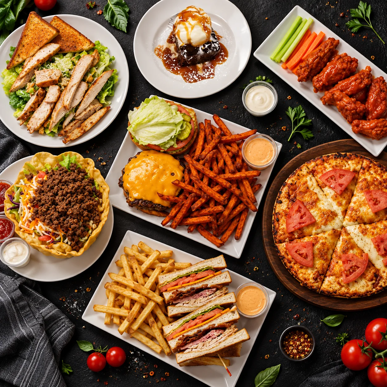 Overhead spread of Cheryl's Country Kitchen favorites - chicken Caesar salad, sticky toffee pudding, wings, a cheeseburger with sweet potato fries, taco salad, a clubhouse sandwich with fries and a fresh-baked pizza